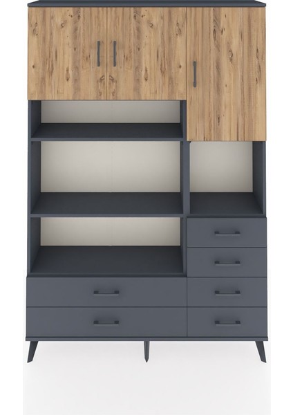 Arges Dolap 9 Raflı 6 Çekmeceli 3 Kapaklı 132X30X195 Antrasit-Çam/antrasit
