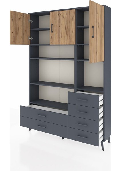 Arges Dolap 9 Raflı 6 Çekmeceli 3 Kapaklı 132X30X195 Antrasit-Çam/antrasit modelleri