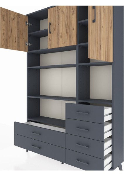 Arges Dolap 9 Raflı 6 Çekmeceli 3 Kapaklı 132X30X195 Antrasit-Çam/antrasit fırsatları