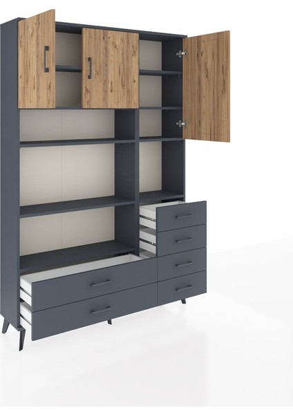 Arges Dolap 9 Raflı 6 Çekmeceli 3 Kapaklı 132X30X195 Antrasit-Çam/antrasit indirimleri