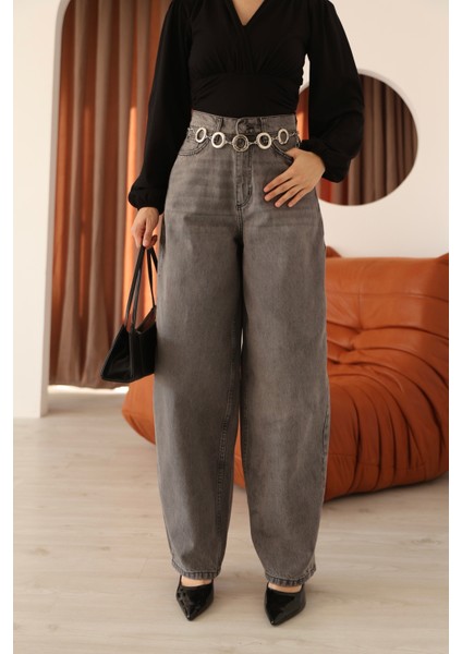 Antrasit Yüksek Bel Baloon/baggy Kalıp Yıkamalı Kadın Kot Pantolon