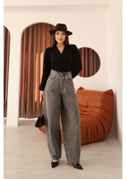 Antrasit Yüksek Bel Baloon/baggy Kalıp Yıkamalı Kadın Kot Pantolon fiyatları