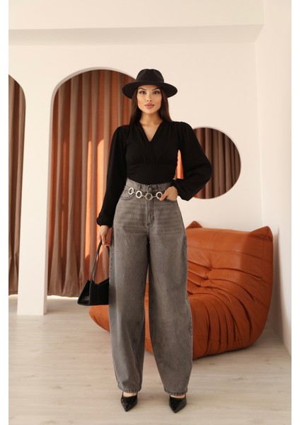 Antrasit Yüksek Bel Baloon/baggy Kalıp Yıkamalı Kadın Kot Pantolon fırsatları
