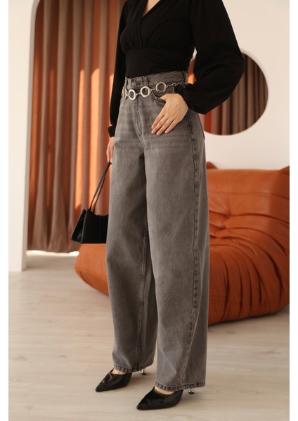 Antrasit Yüksek Bel Baloon/baggy Kalıp Yıkamalı Kadın Kot Pantolon indirimleri