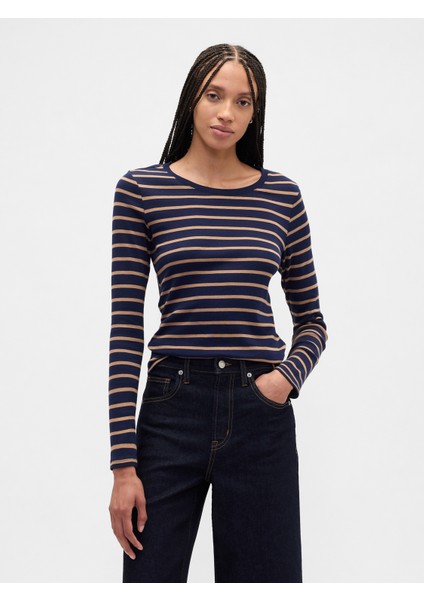 Kadın Lacivert Modern Stripe Crewneck T-Shirt