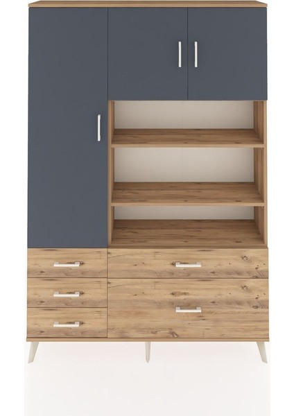 Arges Dolap 9 Raflı 5 Çekmeceli 3 Kapaklı 132X30X195 Çam-Antrasit/çam