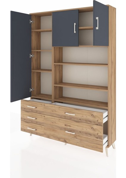 Arges Dolap 9 Raflı 5 Çekmeceli 3 Kapaklı 132X30X195 Çam-Antrasit/çam modelleri