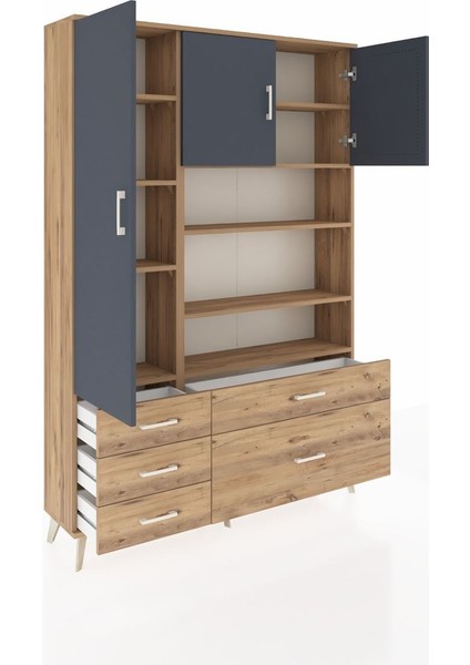 Arges Dolap 9 Raflı 5 Çekmeceli 3 Kapaklı 132X30X195 Çam-Antrasit/çam indirimleri