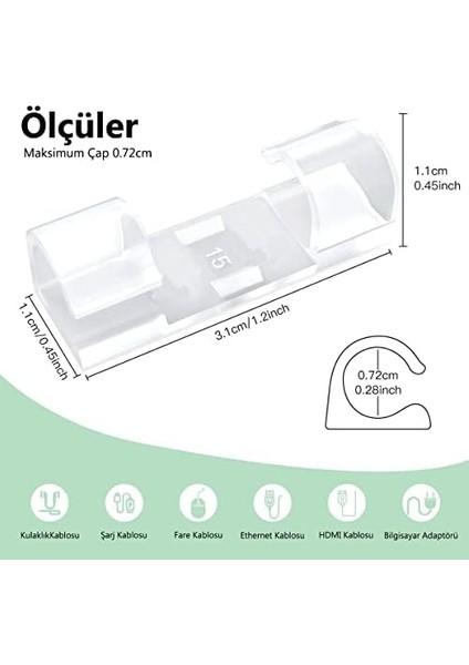 Outlet Kablo Sabitleyici Klipsler 20 Adet Kablo Düzenleyici Duvar Cam Kablo Tutucu Yapışkanlı Klips (Şeffaf) modelleri