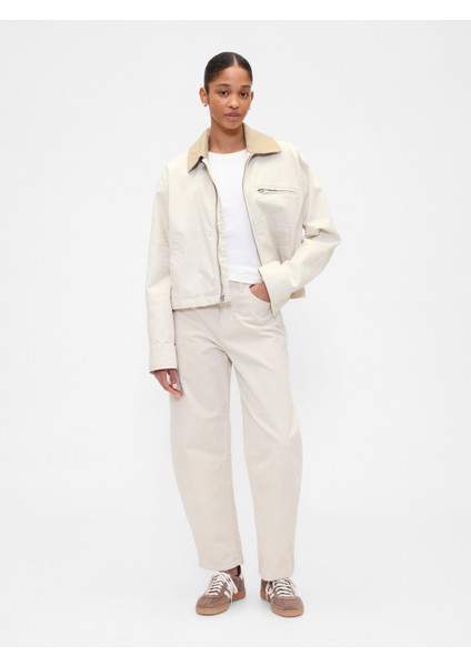 Kadın Kırık Beyaz High Rise Barrel Corduroy Pantolon