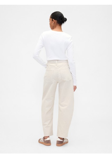 Kadın Kırık Beyaz High Rise Barrel Corduroy Pantolon