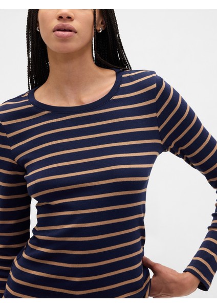 Kadın Lacivert Modern Stripe Crewneck T-Shirt modelleri