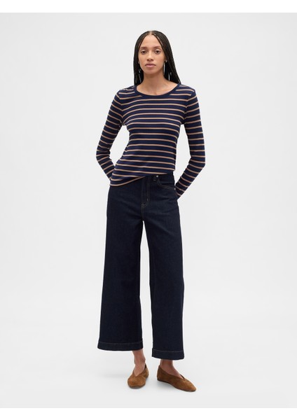 Kadın Lacivert Modern Stripe Crewneck T-Shirt fırsatları