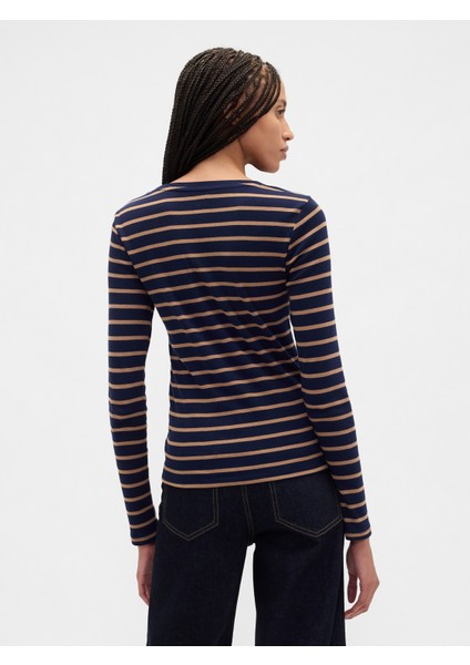 Kadın Lacivert Modern Stripe Crewneck T-Shirt indirimleri