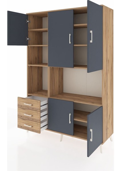 Hyperion Dolap 9 Raflı 3 Çekmeceli 5 Kapaklı 132X44X195 Çam-Antrasit/çam modelleri