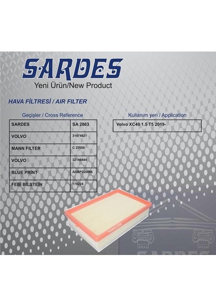 HAVA FİLTRESİ VOLVO XC40 T5 1.5 2019 31474821
