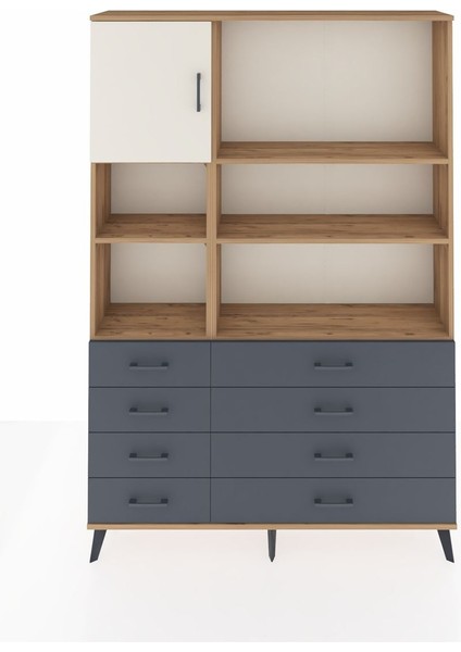 Arges Dolap 7 Raflı 8 Çekmeceli Tek Kapaklı 132X30X195 Çam-Aytaşı/antrasit
