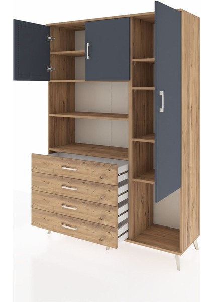 Hyperion Dolap 8 Raflı 4 Çekmeceli 3 Kapaklı 132X44X195 Çam-Antrasit/çam modelleri
