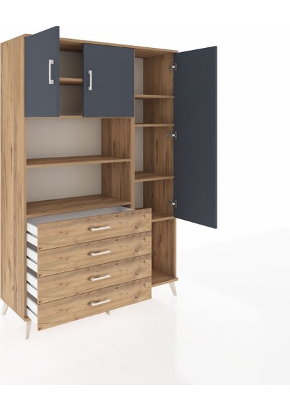 Hyperion Dolap 8 Raflı 4 Çekmeceli 3 Kapaklı 132X44X195 Çam-Antrasit/çam indirimleri