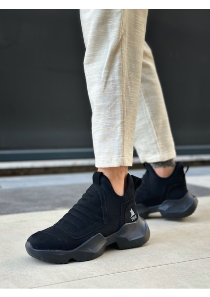 ET0401 Bağcıksız Rahat Yüksek Siyah Taban Siyah Süet Erkek Spor Yarım Bilek Bot