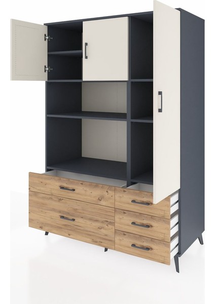 Kronos Dolap 7 Raflı 5 Çekmeceli 3 Kapaklı 132X59X195 Antrasit-Aytaşı/çam modelleri
