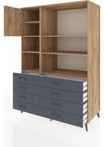 Kronos Dolap 7 Raflı 8 Çekmeceli Tek Kapaklı 132X59X195 Çam-Çam/antrasit modelleri