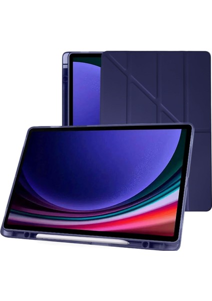 Galaxy Tab S9+ Fe Plus 12.4 Inç Uyumlu Smart Kılıf, S Pen Kalemlikli, Trifold, Esnek, Mat, Origami, Darbeye Tam Dayanıklı Tablet Kılıfı (Lacivert)