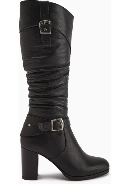 Ting Hakiki Deri Siyah Toka Detaylı Kadın Topuklu Çizme