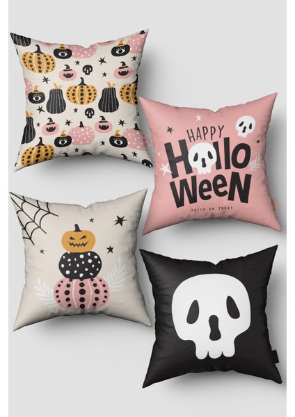 Halloween Temalı Sevimli Balkabağı Desenli Cadılar Bayramı 4'lü Kırlent Kılıfı Seti