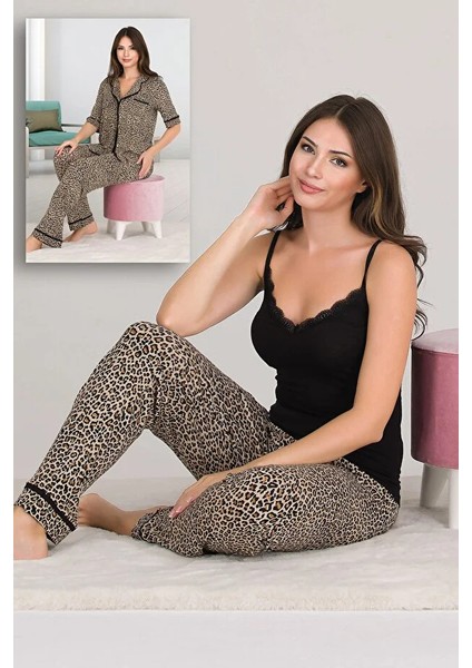 Lady Desenli Viskon Kumaş Kısa Kollu Gömlekli ve Askılı 3 Lü Pijama Takımı fiyatları