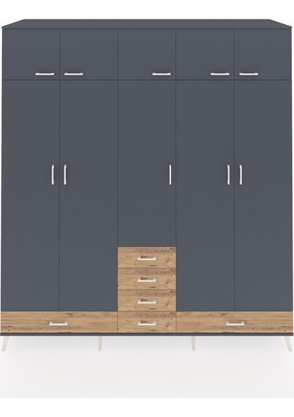 Kronos Dolap 6 Raflı 6 Çekmeceli 4 Askılı 220X59X243 Antrasit-Antrasit/çam