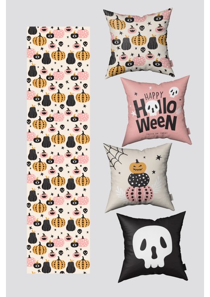 Halloween Temalı Sevimli Balkabağı Desenli Cadılar Bayramı 4 Kırlent Kılıfı ve 1 Runner Seti