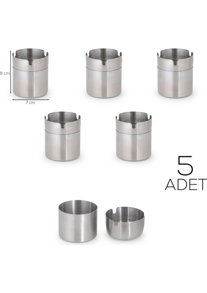 ETN-236 Large 5li Paslanmaz Çelik Metal Kül Tablası - Kapaklı Rüzgar Geçirmez Küllük