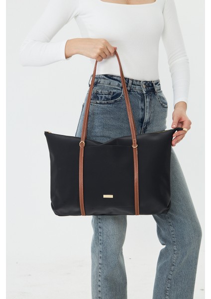 Isola Siyah Büyük Boy Şeritli Kadın Omuz, Kol ve El Çantası