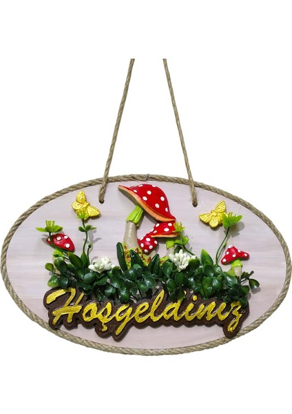 Dekoratif Hoşgeldiniz Kapı Süsü – Mantar ve Kelebek Figürlü, Yapay Çiçekli, Ahşap Tasarım, Ev & Bahçe Kapısı Için Dekor