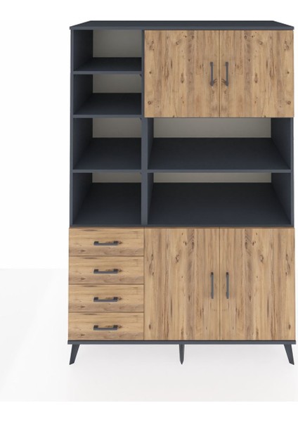 Kronos Dolap 9 Raflı 4 Çekmeceli 4 Kapaklı 132X59X195 Antrasit-Çam/çam