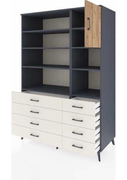 Kronos Dolap 8 Raflı 8 Çekmeceli Tek Kapaklı 132X59X195 Antrasit-Çam/aytaşı modelleri