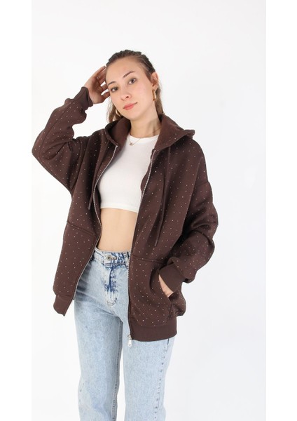 26174 Taşlı Fermuarlı Kapşonlu Kanguru Cep Sweat