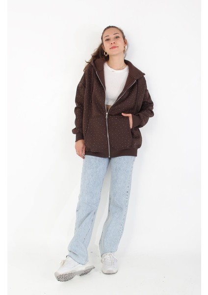 26174 Taşlı Fermuarlı Kapşonlu Kanguru Cep Sweat