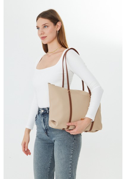 Isola Bej Büyük Boy Şeritli Kadın Omuz, Kol ve El Çantası indirimleri