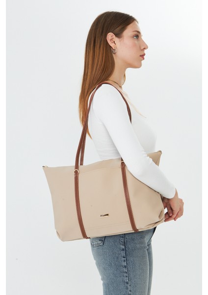 Isola Bej Büyük Boy Şeritli Kadın Omuz, Kol ve El Çantası