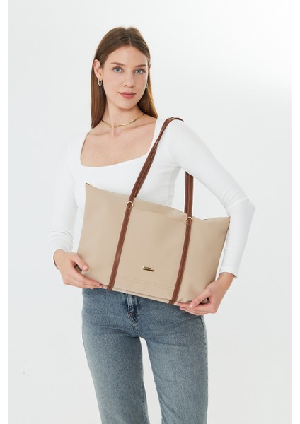 Isola Bej Büyük Boy Şeritli Kadın Omuz, Kol ve El Çantası