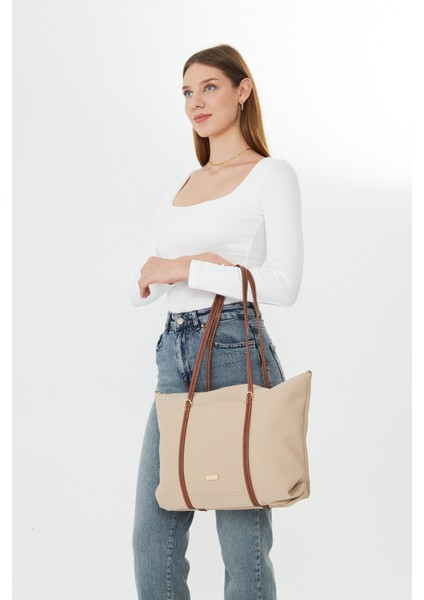 Isola Bej Büyük Boy Şeritli Kadın Omuz, Kol ve El Çantası