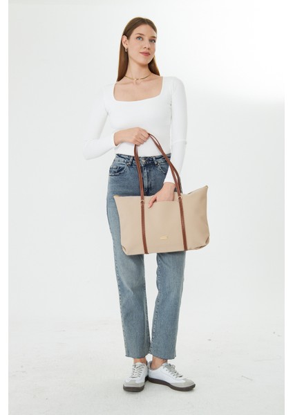 Isola Bej Büyük Boy Şeritli Kadın Omuz, Kol ve El Çantası