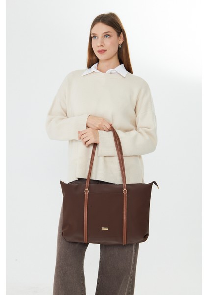 Isola Kahverengi Büyük Boy Şeritli Kadın Omuz, Kol ve El Çantası