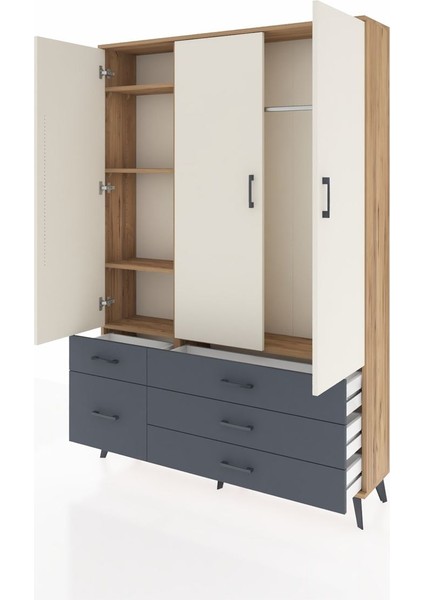 Arges Dolap 5 Raflı 5 Çekmeceli Tek Askılı 132X30X195 Çam-Aytaşı/antrasit modelleri