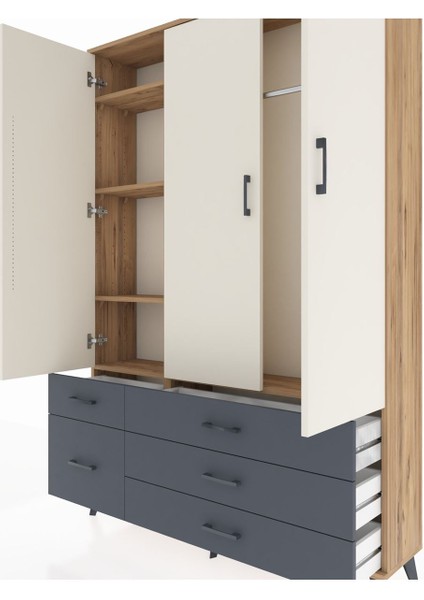 Arges Dolap 5 Raflı 5 Çekmeceli Tek Askılı 132X30X195 Çam-Aytaşı/antrasit fırsatları