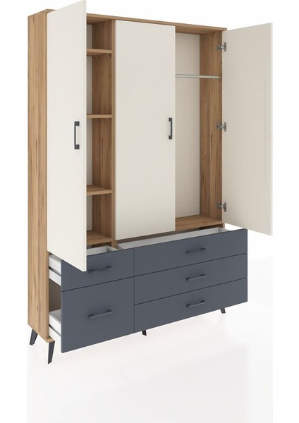 Arges Dolap 5 Raflı 5 Çekmeceli Tek Askılı 132X30X195 Çam-Aytaşı/antrasit indirimleri