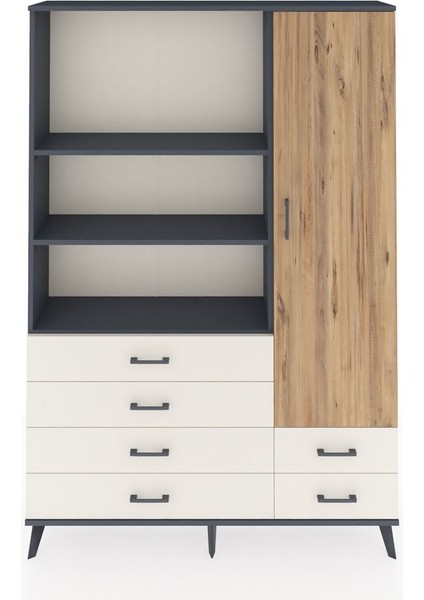 Arges Dolap 7 Raflı 6 Çekmeceli Tek Kapaklı 132X30X195 Antrasit-Çam/aytaşı