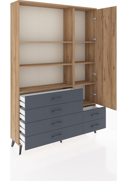 Arges Dolap 7 Raflı 6 Çekmeceli Tek Kapaklı 132X30X195 Çam-Çam/antrasit indirimleri